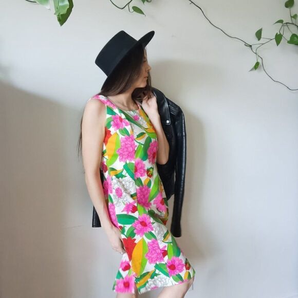 Floral Midi Dress 60s 70s Bark Cloth Bright Spring Vintage - Picture 6 of 9